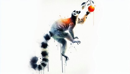 Fototapeta premium Watercolor Depiction of Archaeoindris Reaching for Fruit in a Subtle Artistic Style
