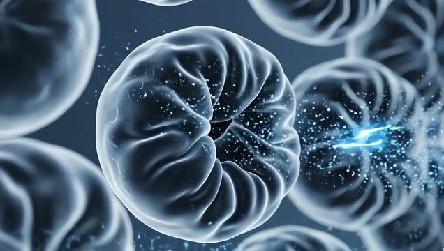 Human body cells slowly shrinking from dehydration, transparent cellular membranes losing glowing water particles