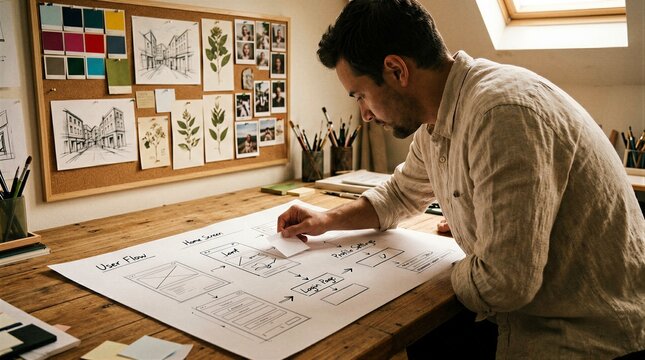 Creative designer working on website user flow diagram, ux ui design and innovation concept