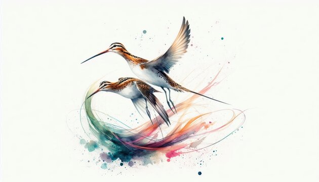 Watercolor illustration featuring a pair of common snipes in erratic flight motion
