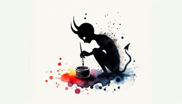 Watercolor Illustration of a Devilish Figure Painting Bright Dot of Color