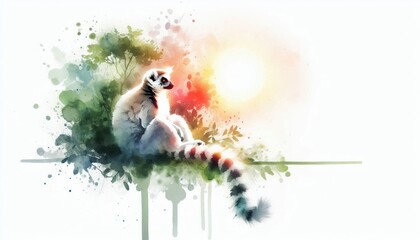 Fototapeta premium Watercolor illustration of a ring-tailed lemur in a sun-drenched rainforest canopy