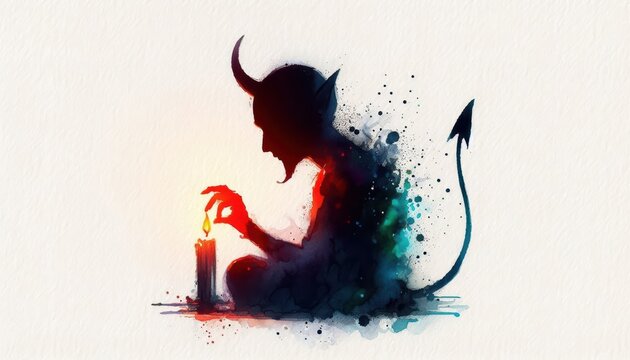 Whimsical watercolor silhouette of a devil engrossed by a flickering candle flame