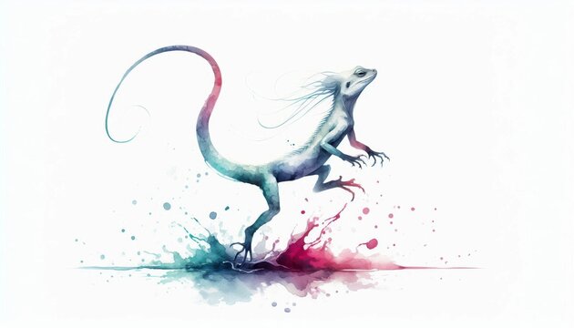 Whimsical Watercolor Basilisk: A Creature of Myth in Motion and Colorful Splash, Artistic Flair