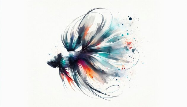 Elegant Watercolor Betta Fish Illustration with Flowing Fins and Vibrant Splatters