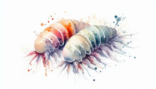 Watercolor illustration depicting two tiny isopods in a loose artistic style, blending flowing brushstrokes and vibrant color splashes