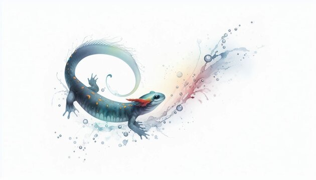 Watercolor depiction of a swimming salamander with graceful aquatic motion and bubbles
