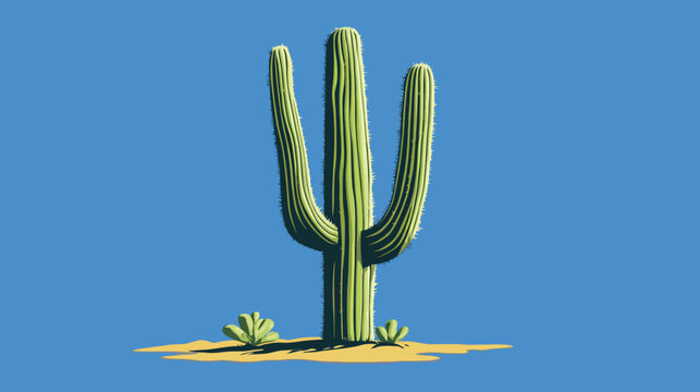 A tall three-armed cactus rises from sandy ground under a vast bright azure sky