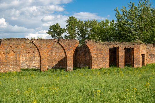 Remains of the brick wall of the abandoned ancient Saburov fortress. Oryol region, Russia