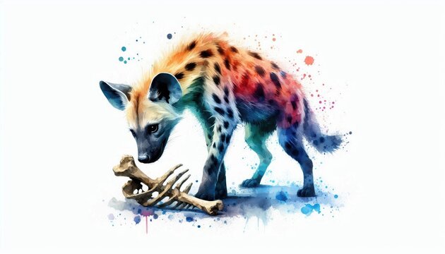 Watercolor Hyaenodon Illustration: An Inquisitive Predator Sniffing at Ancient Fossils