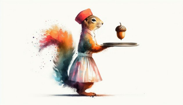 Whimsical Watercolor Illustration: 1950s Squirrel Waiter with Acorn on Tray, Retro Style