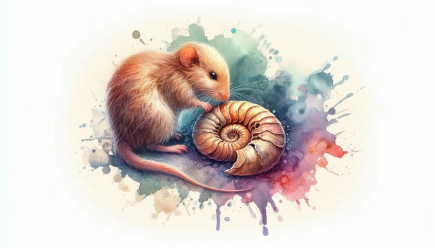 Watercolor illustration: A curious prehistoric rodent sniffs an ammonite shard with interest