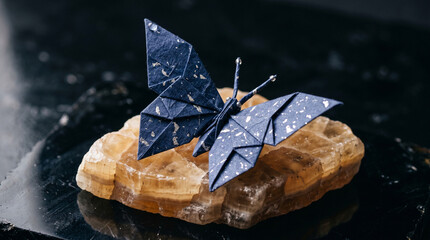 Dark blue origami butterfly with white spots on a citrine crystal on black background closeup