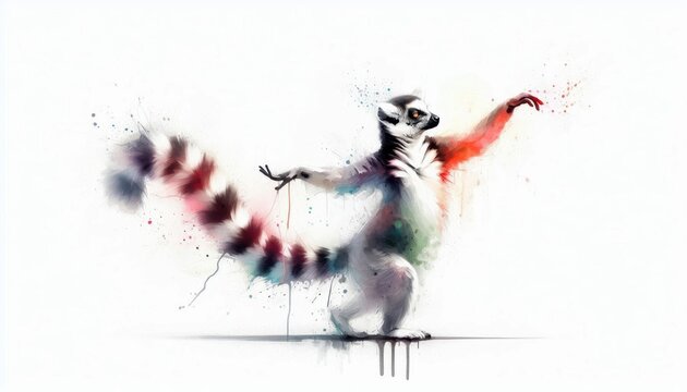 Lemur's graceful gesture: Watercolor illustration of a theatrical ring-tailed lemur's act