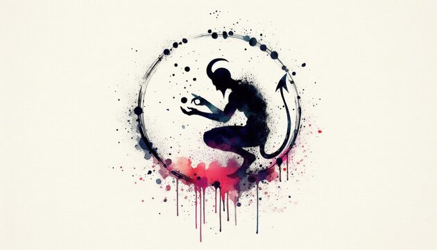 Watercolor depiction of a horned silhouette crafting a circle of dark specks in ritualistic focused