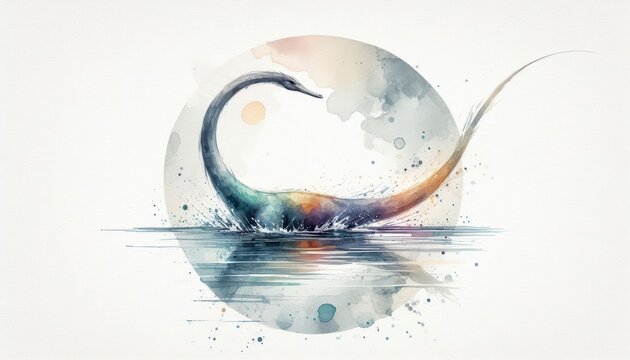 Watercolor plesiosaur illustration with arched neck emerging above calm waterscape