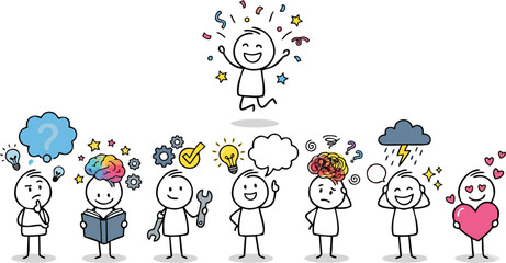 Diverse Stick Figures with Different Emotions and Mindsets — Creative Thinking, Mental Health, and Human Personality Concept Vector Illustration © Gian