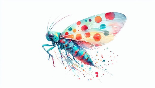 Whimsical watercolor planthopper with vibrant polka dots against a white backdrop