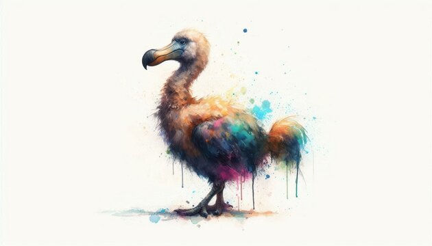 Watercolor dodo bird illustration with bright splashes on a clean white background