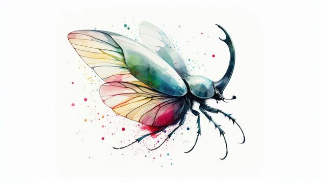 Watercolor depiction of beetle with translucent wings and artistic paint splatter, isolated