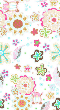 vintage floral seamless pattern with watercolor flowers and leaves on white background