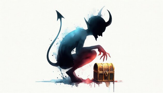 Watercolor impish silhouette coveting treasure, whimsical secrecy and fantasy realm
