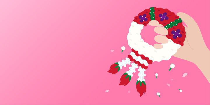 Hand drawn vector illustration of hand holding white jasmine garlands and red roses on pink background for Mother's Day. Design for Background, Backdrop, Wallpaper, Template, Poster, Banner.