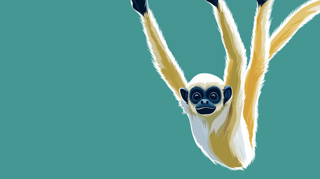 A stylized monkey with white and gold fur stretches its arms against teal. Vibe