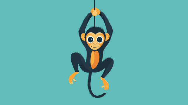Playful cartoon chimp swinging from a rope against a teal background, smiling.!!