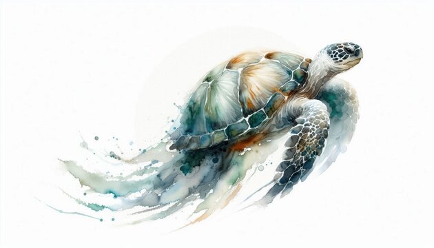 Watercolor depiction of a sea turtle with delicate shell details and serene movement