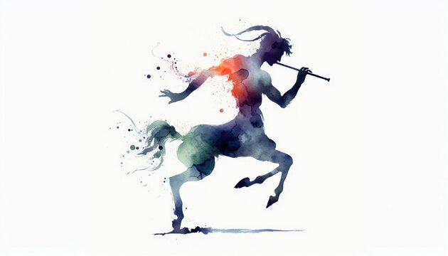 Elegant watercolor faun silhouette playing flute, fantastical folklore art illustration