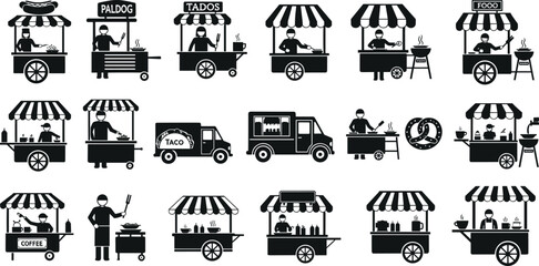  Street food cart vector icon set with food trucks market stalls kiosks vendors and chefs for festival design elements © ISMOTARA
