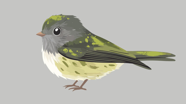 A stylized green-gray bird with pale underbelly perched on a flat gray backdrop
