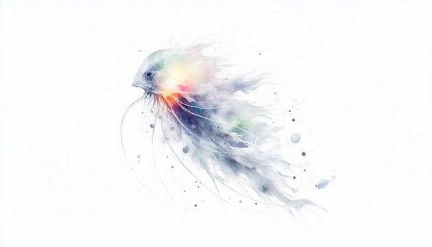 Watercolor ethereal lanternfish illustration with luminescent features and flowing strokes