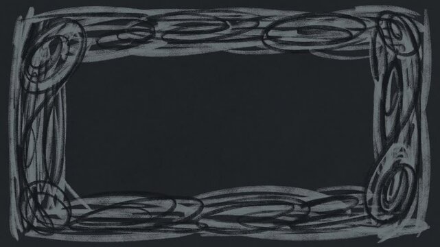 Chalk texture scribble frame, animated grunge charcoal border background, seamless loop. Vintage hand-drawn grunge border, ideal for retro video presentation overlay, titles, artistic motion graphics.
