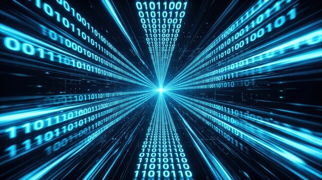 Digital binary code data stream flowing at high speed through a blue tunnel, concept of big data, cybersecurity and information technology