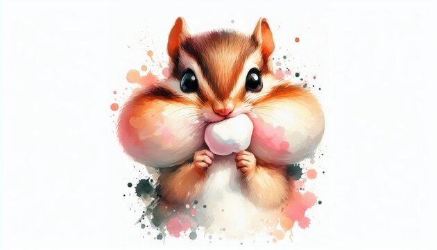 Watercolor chipmunk with marshmallow-filled cheeks, conveying a sweet, guilty expression