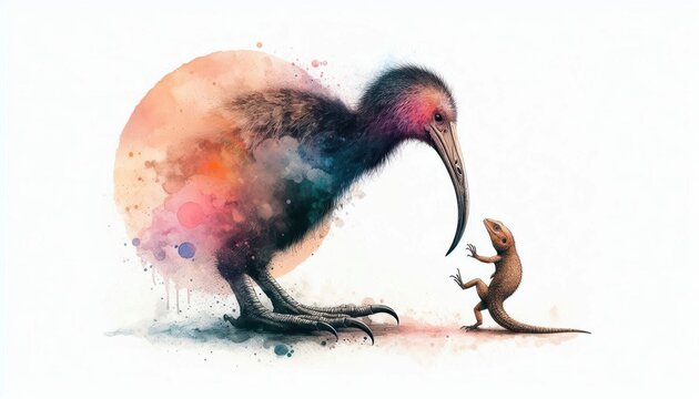 Watercolor illustration of a moa and lizard in whimsical interaction, gentle touch, and artistic expression