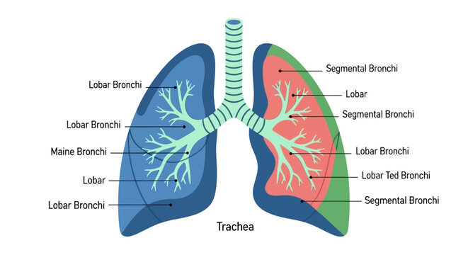 Human lung anatomy diagram showing trachea and bronchial tree structure with labels