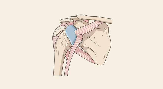 Anatomical illustration of the human shoulder joint showing bones and ligaments.