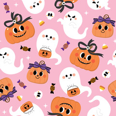 Naklejka premium Happy Halloween seamless pattern and background with cute ghost, spooky pumpkin with sweet bow, candy and skull. Holidays cartoon character. -Vector.