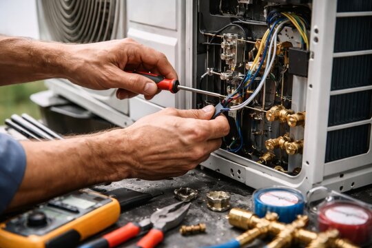 Hvac technician repairing outdoor air conditioner unit wiring with tools and gauges during maintenance