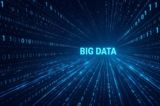 Big data concept with glowing blue binary code numbers and light streaks moving towards a central text on a dark digital background
