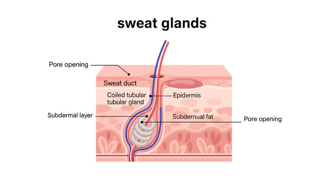 Detailed illustration of human sweat glands within the skin layers.