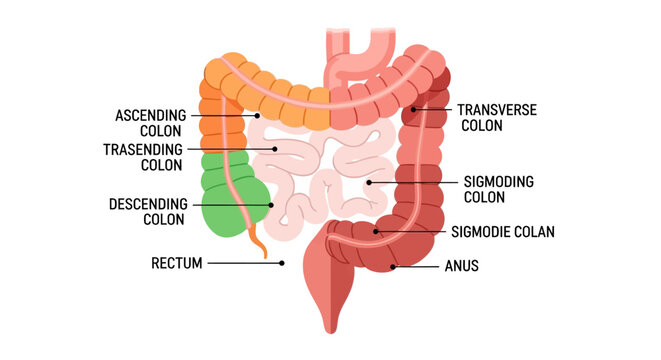 Illustration of the human large intestine anatomy with labels.