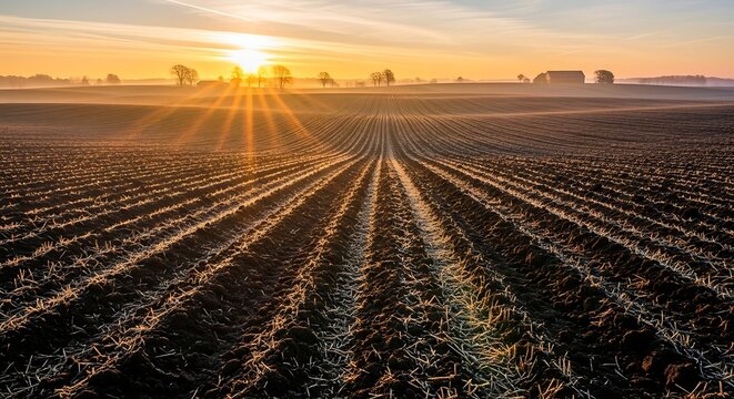 Sunrise over plowed agricultural field with nobody