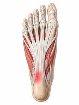Human foot muscular anatomy with plantar muscles and tendons