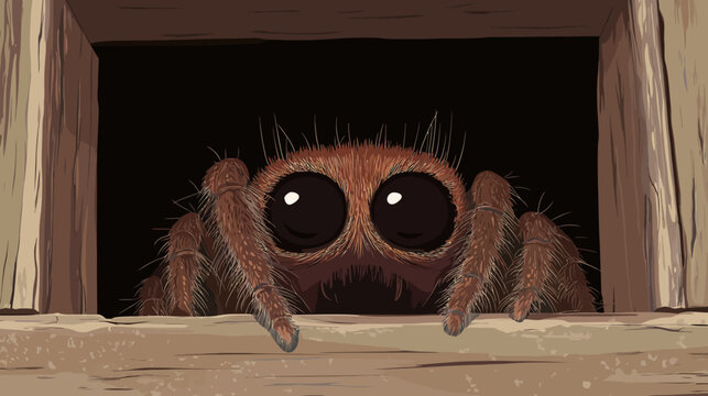A large spider peers from a dark crate, its shiny black eyes wide and eerie now