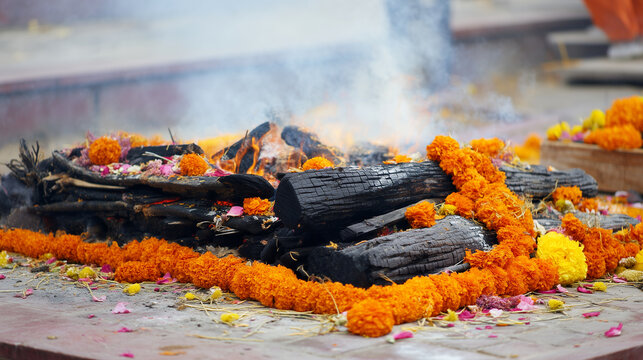 Respectful Hindu funeral ritual with burning wooden pyre on flower-covered cremation platform, smoke and marigold offerings Keywords: Hindu funeral ceremony, Hindu cremation ritual