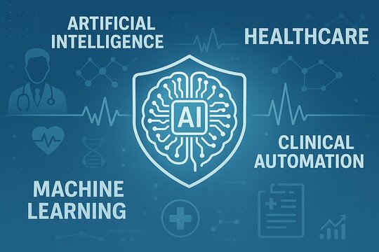 Digital interface showing a brain inside a shield with ai text, surrounded by healthcare, machine learning, and clinical automation